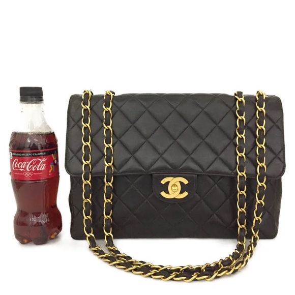 CHANEL Classic Black Leather Jumbo 30 / 24k Gold Chain Flap Bag +Card/Duster + - Picture 10 of 12